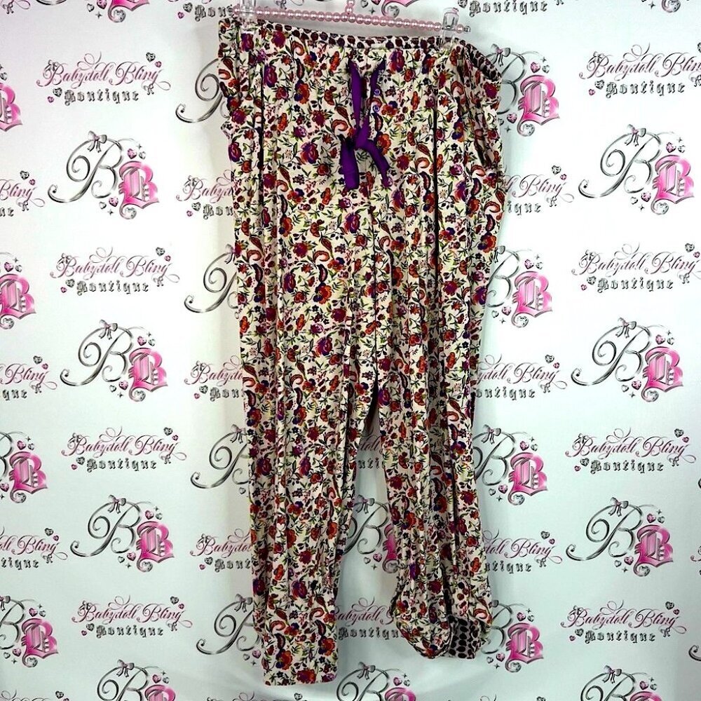 Midnight by Carole Hochman pants button up trim Floral Bottoms with Purple Ties